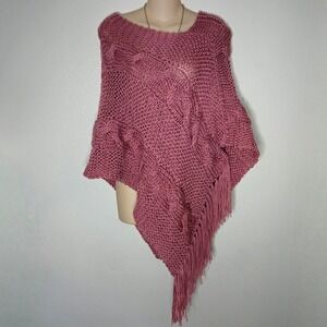 True Meaning Pink Knit Open Weave Poncho Cape Fringe